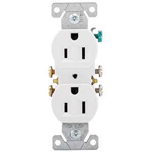 125 VAC, 15 A, 2-pole, 3-wire, 5-15r, Grounding, White, Thermoplastic, Standard Duplex Receptacle