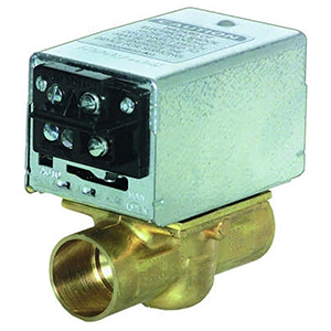 Honeywell 1" x 1", Soldered x Soldered, 24 VAC 50/60 HZ, 0.32 A, 20 PSI Close Off/125 PSI Static, Brass, 2-way, Straight-Through, Low Voltage, Motorized Zone Valve 55006
