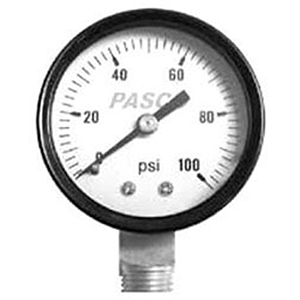 Pasco Specialty 1/4" MPT, 2" Dial, 30 PSI, Brass End, Steel Case, Pressure Gauge 491594