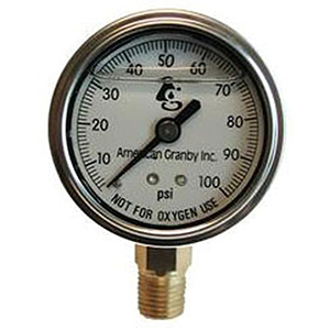 American Granby 1/4" MPT, 2" Clear Acrylic Dial, Black Pointer, 0 To 100 PSI, Lead-free, 316 Stainless Steel Case, Lower Connection, Pressure Gauge 1583259